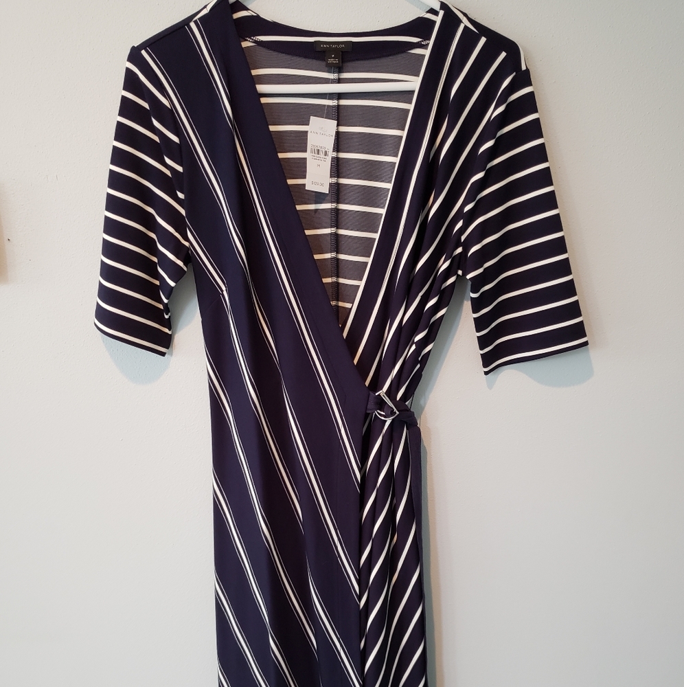 Ann Taylor Navy Stripe Wrap Dress